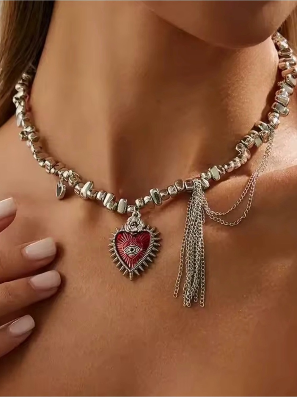Trendy Silver Necklace with Red Heart Pendant - Picture 3 of 7